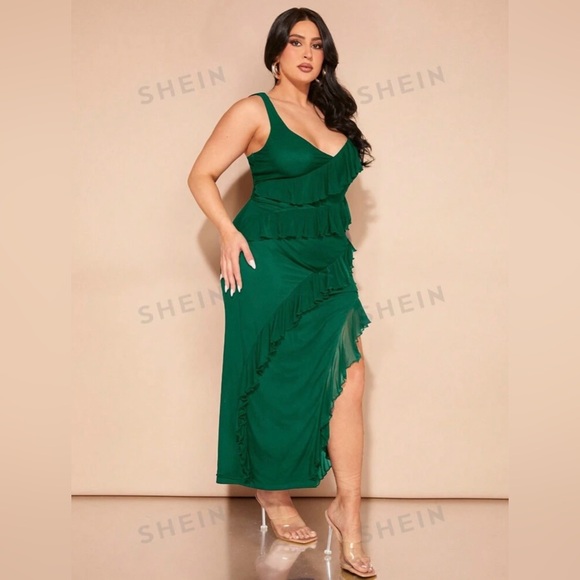 NWT & BAG SHEIN BAE Plus Size Women Ruffled Hem Slit Dress DARK GREEN - Picture 3 of 7